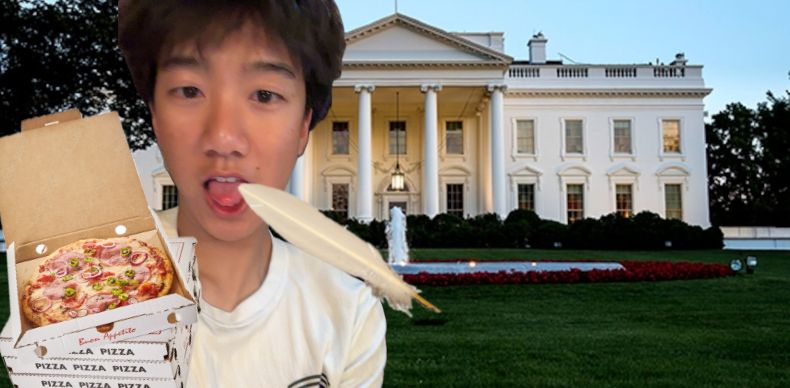 Person eating pizza in front of the White House